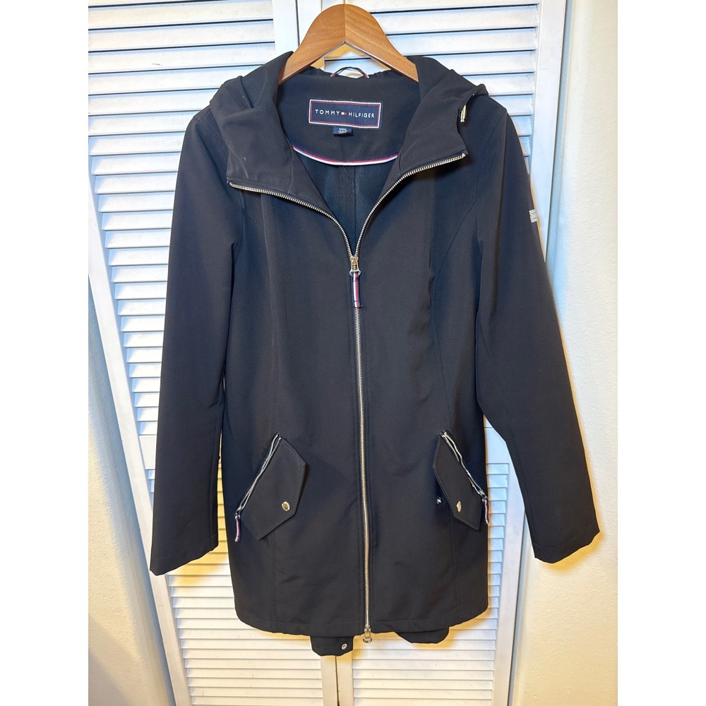 Tommy Hilfiger Womens Black Hooded Softshell Parka Jacket Size M